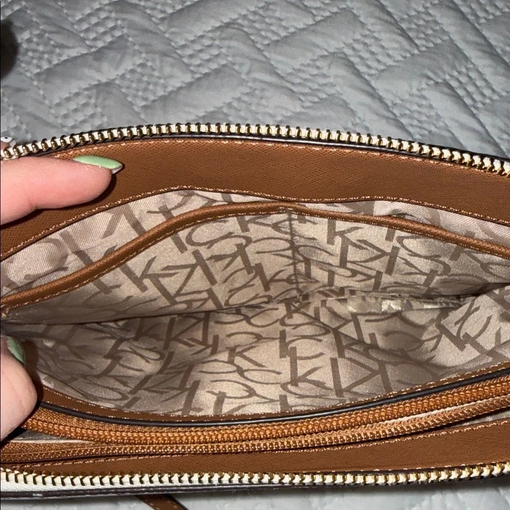 Calvin Klein Cream Monogram Chain Crossbody with Brown Strap